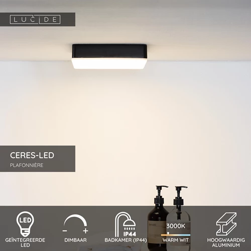 Lucide CERES-LED - Plafonnière Badkamer - LED Dimb. - 1x30W 3000K - IP44 - Zwart - USP
